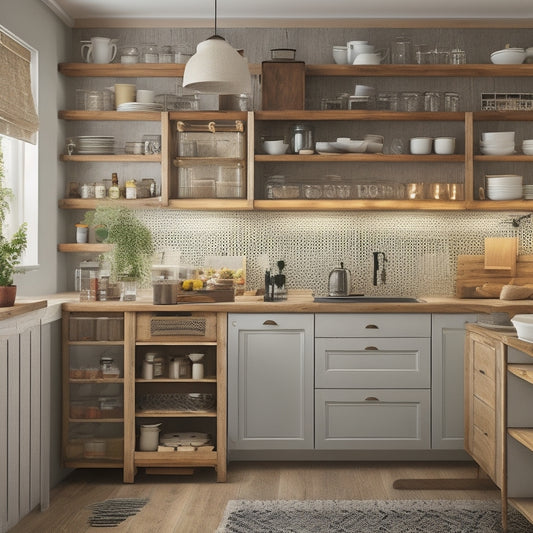 A tidy kitchen with a mix of open and closed storage units, including a wall-mounted pegboard, a kitchen cart with drawers, and a built-in spice rack, amidst a warm and inviting atmosphere.