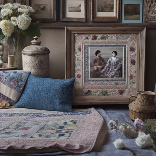 An antique wooden quilt frame, surrounded by scattered vintage fabric scraps, worn photographs, and old lace, with a partially sewn quilt in the background featuring faded floral patterns.