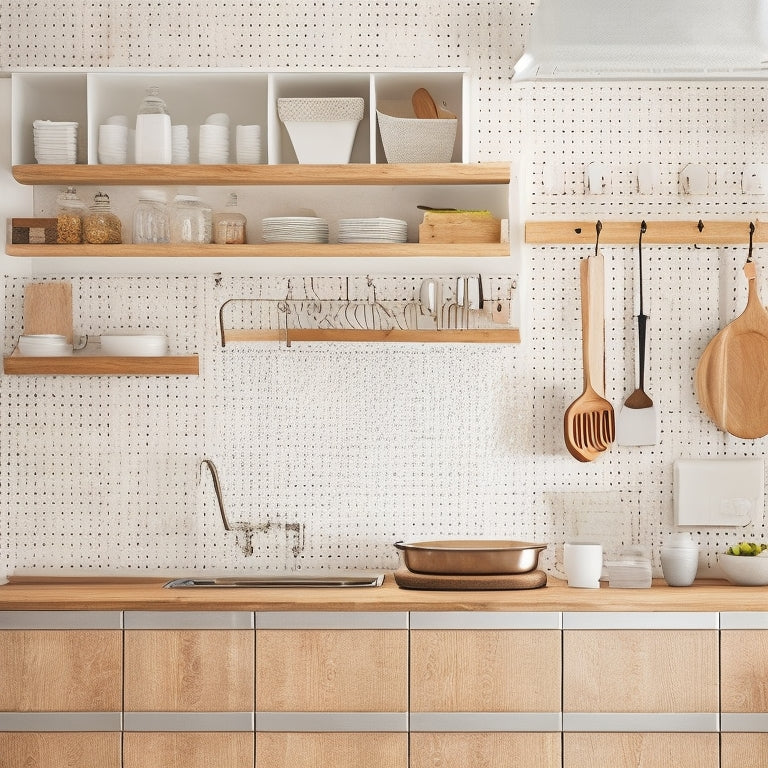 A minimalist kitchen with light wood cabinets, white countertops, and a few strategically placed utensils, featuring a large pegboard with neatly organized hooks and baskets, surrounded by a subtle grid of measurement lines.