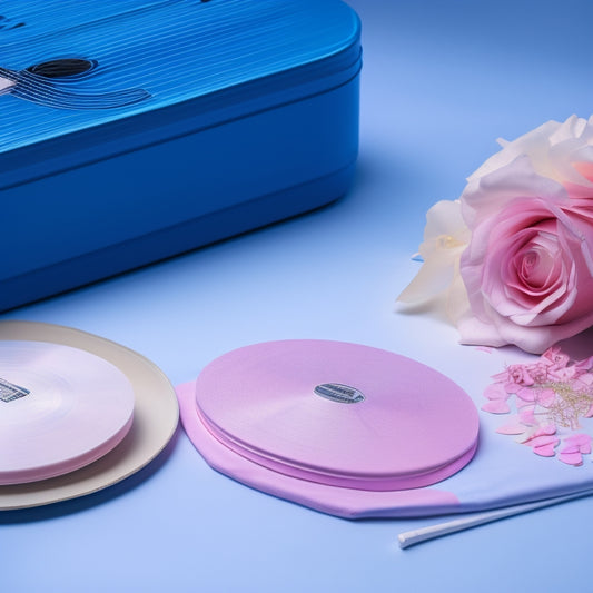 A close-up shot of a 2-disc vinyl set with a pastel pink and blue ombre effect, surrounded by scattered rose petals and a few guitar picks, on a soft, creamy white background.