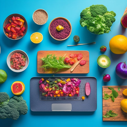 A colorful, minimalist illustration of a laptop with a vibrant, partially filled plate of vegan dishes (quinoa salad, roasted vegetables, and a fruit smoothie) in the background, surrounded by utensils and a few fresh herbs.