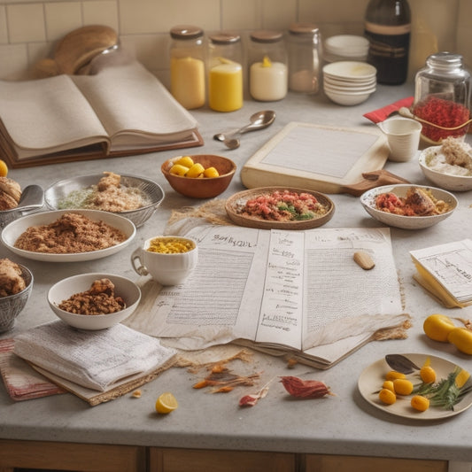 A cluttered kitchen counter with scattered recipe cards, open cookbooks, and a jumbled mix of utensils, surrounded by a faint outline of a calendar, with a single, organized meal planning notebook standing upright amidst the chaos.