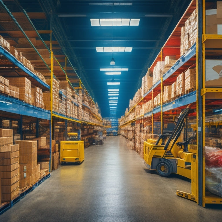 A sprawling warehouse interior with rows of towering shelves stacked with various products, a forklift moving in the background, and a bright yellow "Deals" sign hanging above a section of discounted items.