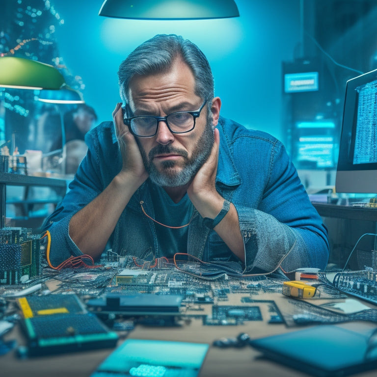 A frustrated consumer sits at a desk surrounded by scattered papers, broken headphones, and a laptop with a cracked screen, amidst a background of circuit boards and digital download icons.