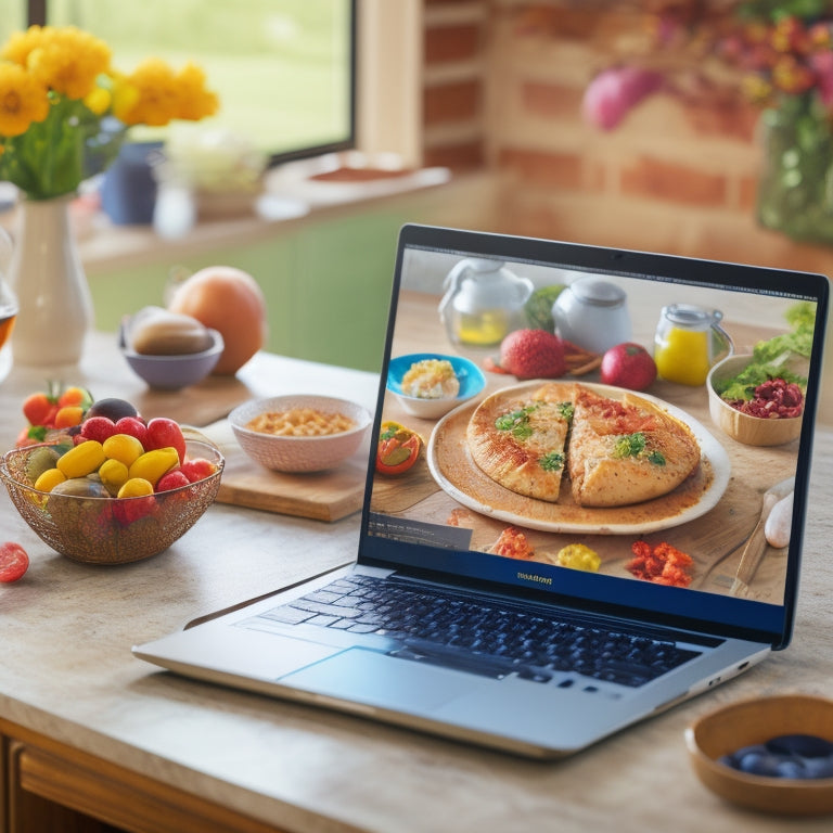 A laptop open on a kitchen counter, surrounded by colorful allergy-friendly ingredients, a meal planning calendar, and a few recipe cards, with a subtle background of a happy family dining together.