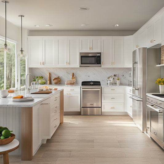 A bright, modern kitchen with sleek white cabinets, stainless steel appliances, and a large island featuring built-in shelves, drawers, and a cooktop, surrounded by ample natural light.