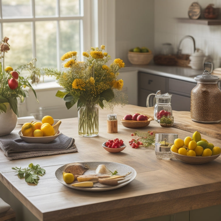 A tidy kitchen counter with a few scattered recipe cards, a small calendar, and a pair of wooden cutting boards, surrounded by a vase with fresh flowers and a few ripe fruits.