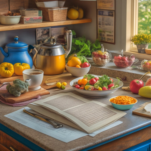 A cluttered kitchen counter with scattered recipe books, expired coupons, and a calendar with scribbled notes, surrounded by a few wilted vegetables and a half-empty coffee cup.