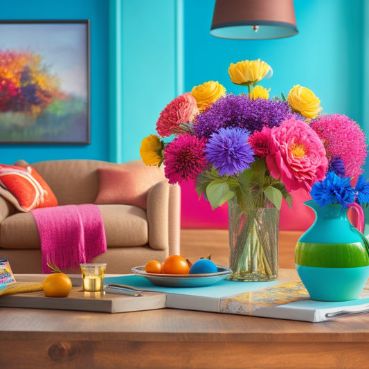 A colorful illustration of a newly decorated living room with a checklist on a clipboard on a coffee table, surrounded by unpacked boxes, a hammer, and a vase with fresh flowers.