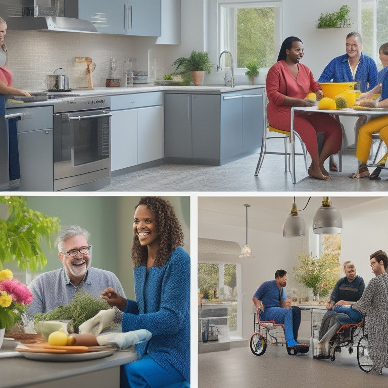 A bright and modern kitchen with a wheelchair-accessible sink, various adaptive cleaning tools, and a diverse group of people with different abilities working together, smiling, and interacting.