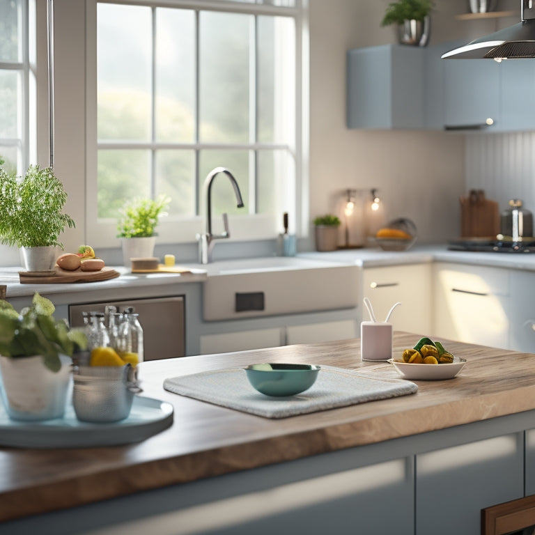 A tidy, modern kitchen with a few strategically placed cleaning supplies, a sparkling sink, and a few minutes' worth of cleaning progress, conveying efficiency and speed.