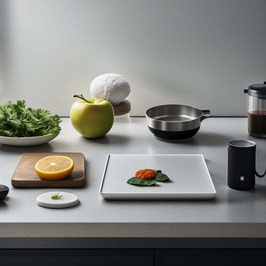 A minimalist kitchen countertop with a sleek tablet, a compact wireless charging pad, and a small, modern kitchen scale, surrounded by a few, carefully arranged fresh ingredients and a subtle, natural background.