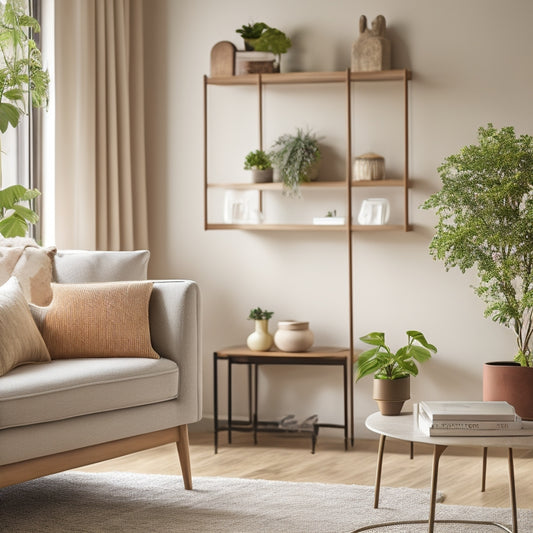A serene, minimalist living room with a few, carefully-placed objects, warm natural light, and a subtle color palette, featuring a tidy shelf with a few cherished items and a small, potted plant.