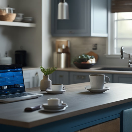 A serene kitchen counter with a few, neatly organized digital devices and a minimalist laptop screen displaying a tidy digital file folder, surrounded by calm, blurred kitchen background elements.