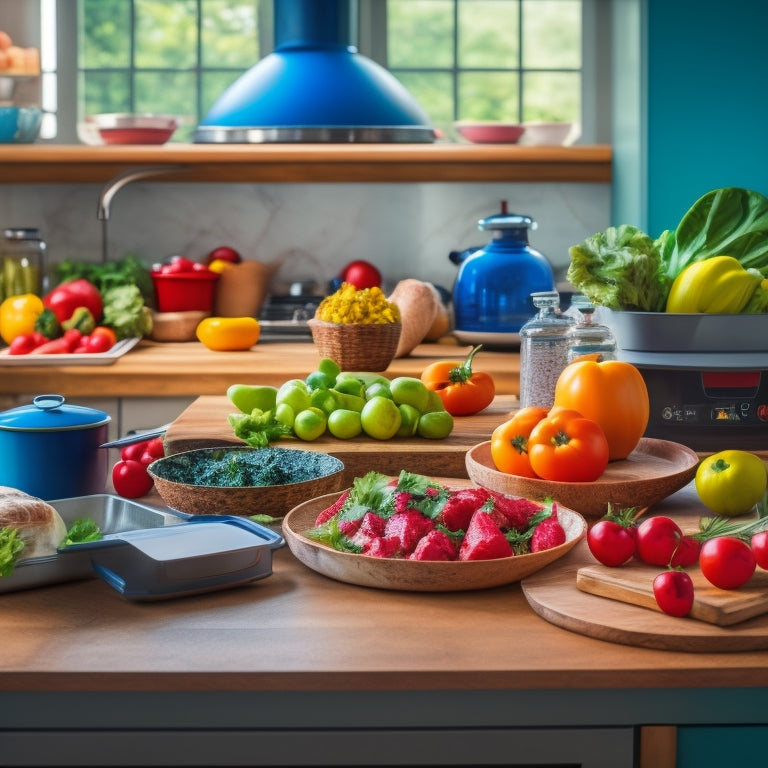 A busy kitchen countertop with various colorful vegetables, a laptop open to a cooking class website, and a few neatly portioned meal prep containers in the background, with a chef's hat and utensils nearby.