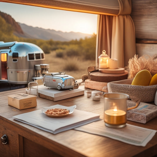 A warm, golden-lit scene featuring a vintage Airstream trailer interior, with scattered papers, manuals, and retro gadgets on a wooden table, surrounded by nostalgic travel souvenirs.