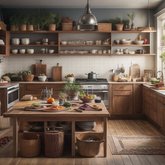 A tidy kitchen with a large, wooden island in the center, surrounded by organized utensils, cookbooks, and a laptop open to a tutorial webpage, with a few recipe cards pinned to a corkboard on the wall.