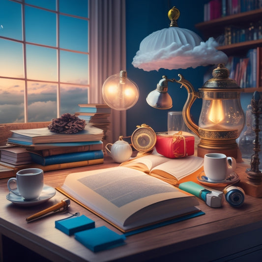 A whimsical illustration of a planner's desk, cluttered with open books, scattered papers, and a steaming cup of coffee, surrounded by twinkling light bulbs and swirling clouds of thought.
