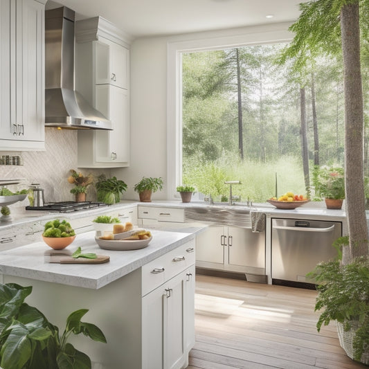 A bright, modern kitchen with sleek white cabinets, stainless steel appliances, and a large island with a built-in cooktop, surrounded by lush greenery and warm, natural light.