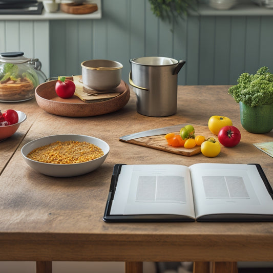 A cluttered kitchen counter with scattered recipe books, torn papers, and utensils, next to a sleek tablet with a tidy digital recipe library, surrounded by a calm, minimalist background.