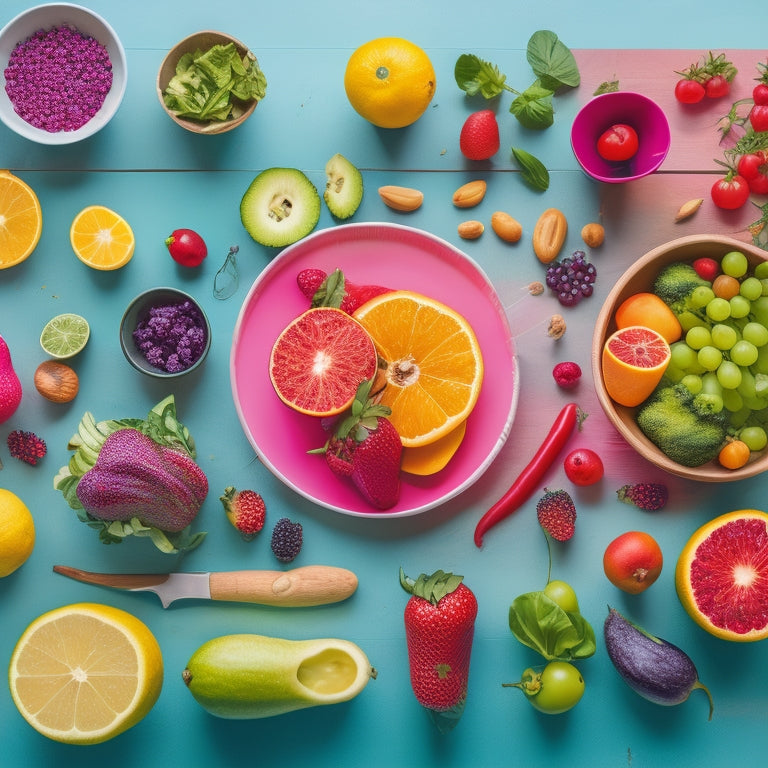 A colorful illustration of a kitchen counter with 10 different templates, each representing a meal planning tool, surrounded by fresh fruits, vegetables, and healthy snacks.