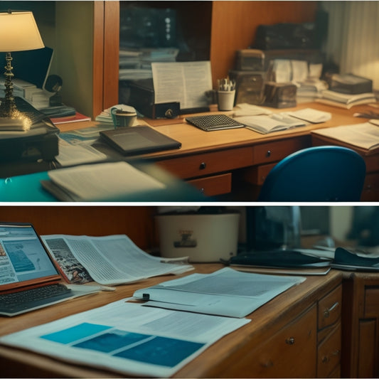 A split-screen image: on the left, a cluttered desk with outdated newspapers and worn pens, and on the right, a sleek modern computer with a bright, organized classified ads webpage.