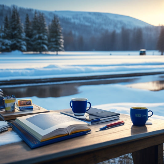 A snowy landscape with a school building in the background, empty buses parked outside, and a laptop on a student's desk in the foreground, surrounded by textbooks and a warm cup of coffee.