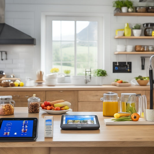 A kitchen countertop with a tablet displaying a kitchen organization app, surrounded by various food items and cooking utensils, with a few open cabinets and shelves in the background, showcasing organized storage.