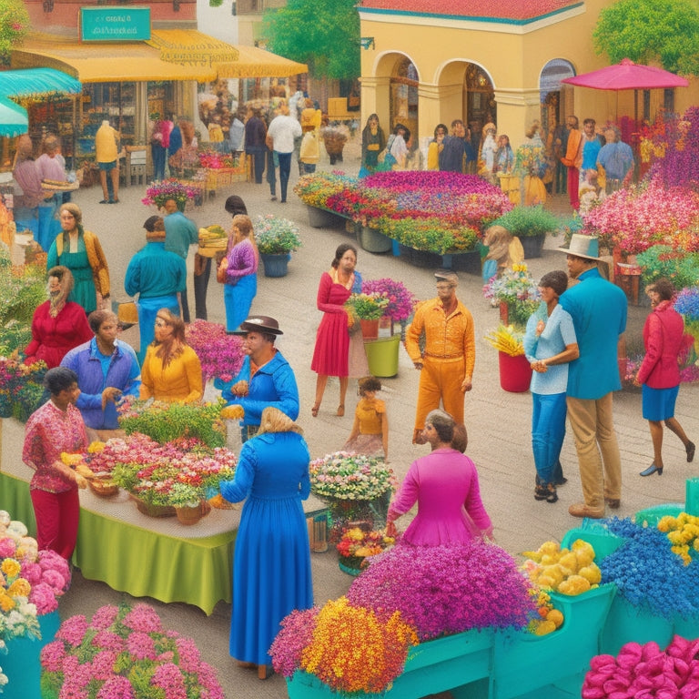 A vibrant illustration of a bustling town square, featuring diverse local shop owners and volunteers gathered around a large, overflowing community table, surrounded by vibrant flowers and lush greenery.