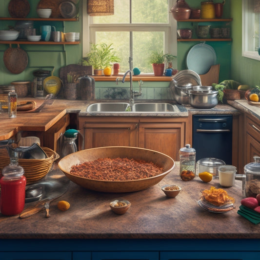 A cluttered kitchen with overflowing countertops, a sink piled high with dirty dishes, and a stove hidden beneath a mess of cookbooks and utensils, contrasted with a single, sparkling clean utensil on a nearby empty counter.