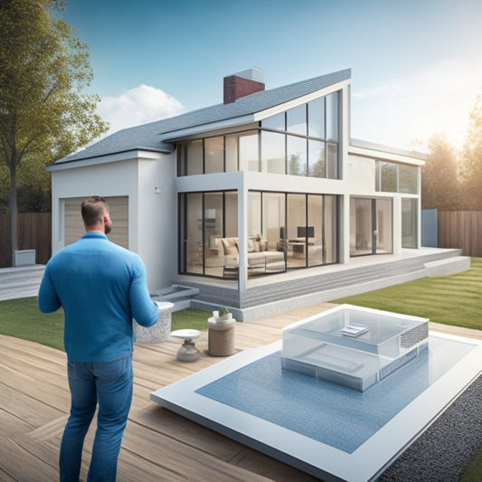 A clean and minimalist illustration of a person standing in front of a partially built house, holding a tablet with a 3D house design, surrounded by organized tools and blueprints.