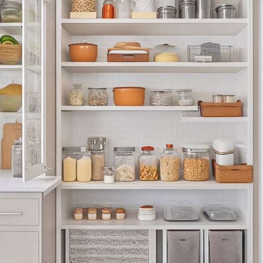 A clutter-free kitchen pantry with white shelves, baskets, and containers, featuring a pull-out spice rack, a lazy Susan, and a pegboard with hooks, set against a light gray background.
