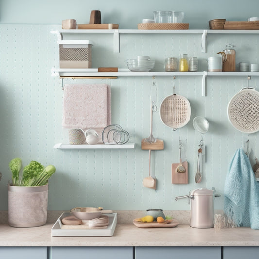 A serene kitchen with utensils organized on a pegboard, a labeled utensil holder, a calendar on the fridge, and a tidy countertop with a few strategically placed baskets, amidst a subtle background of soft pastel colors.