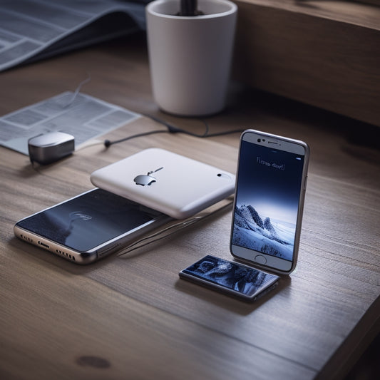 A sleek, silver iPhone lies on a wooden desk, surrounded by scattered photos, with a small, white photo stick plugged into its lightning port, emitting a soft blue glow.
