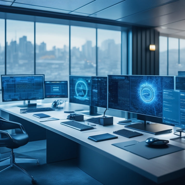 A futuristic workspace with sleek, minimalist desks, surrounded by holographic screens displaying organized data, and a subtle background of interconnected gears and circuits, symbolizing innovative solutions.