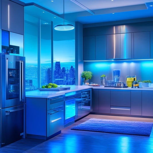 A modern, sleek kitchen with a stainless steel refrigerator, induction cooktop, and smart appliances, surrounded by futuristic gadgets and utensils, with a hint of neon blue lighting and a cityscape through the window.