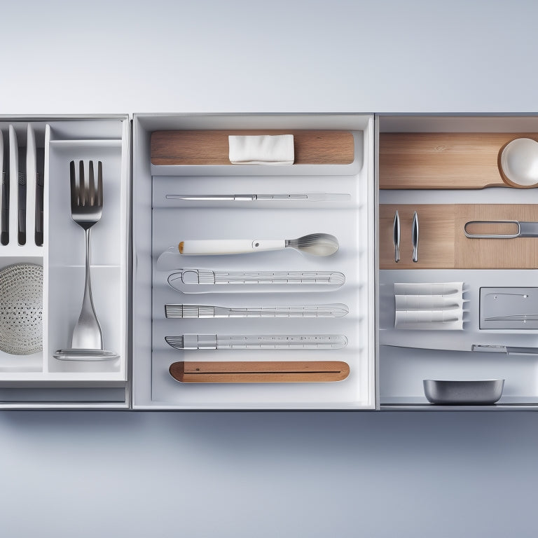 A sleek, modern kitchen drawer with dividers, a utensil organizer, and a silverware tray, containing neatly arranged kitchen tools, gadgets, and cookware, set against a clean, white background.