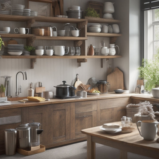 A tidy kitchen with a few strategically-placed masculine touches, such as a wooden utensil holder and a stainless steel coffee maker, surrounded by ample counter space and a few neatly-organized cookbooks.