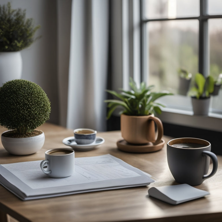 A minimalist desk scene featuring a tidy stack of sales receipts, a closed laptop, a small potted plant, and a cup of steaming coffee, with a subtle background of a small business's interior.