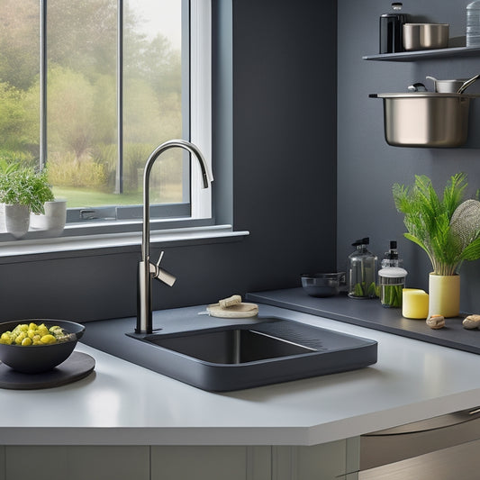 A modern kitchen featuring a sleek, matte black all-in-one sink system with a built-in faucet, soap dispenser, and garbage disposal, surrounded by premium accessories like a stainless steel colander and utensil holder.
