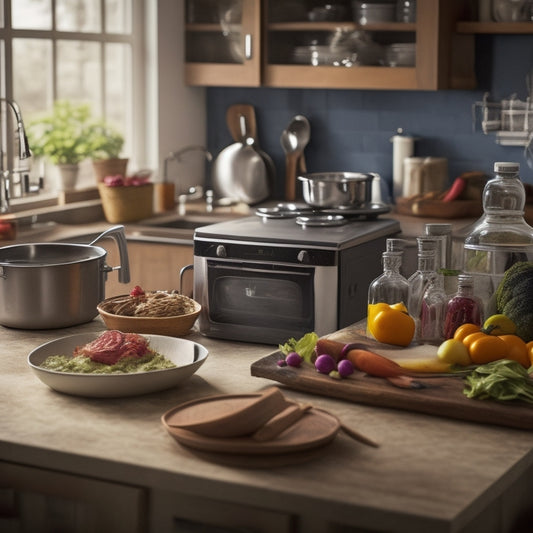 A cluttered kitchen counter with piles of utensils, appliances, and expired food, contrasted with a tidy kitchen island in the background, featuring a sleek tablet and organized cookbooks.