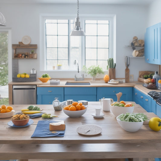 A bright and airy kitchen with a large, wooden island in the center, featuring a colorful, open laptop and a few scattered, healthy food items, surrounded by a tidy, organized meal planning system.