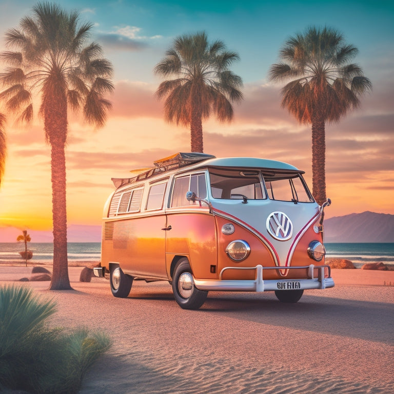 A vibrant, retro-style illustration of a restored vintage Volkswagen bus, gleaming with polished chrome accents, set against a warm, sunset-inspired background with subtle palm tree silhouettes.