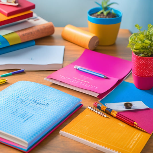 A vibrant, organized workspace with a beautifully designed planner lying open, surrounded by colorful pens, a steaming cup of coffee, and a few inspirational quotes on a corkboard background.