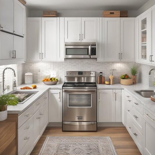 A bright, modern small kitchen with sleek white cabinets, stainless steel appliances, and a compact island, showcasing a utensil organizer, a spice rack, and a pot lid holder.