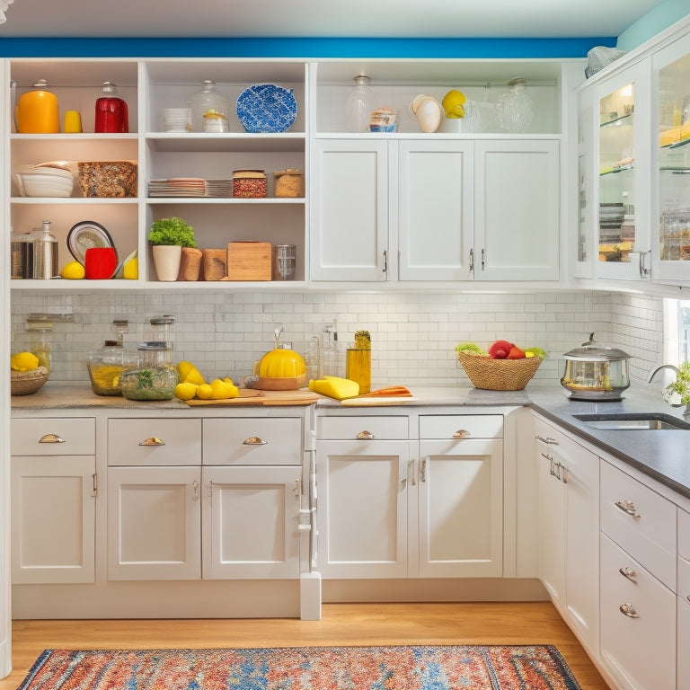 A bright, modern kitchen with sleek, white cabinets, featuring a pull-out spice rack, a utensil organizer on the back of a door, and a carousel corner shelf with colorful cookbooks and appliances.