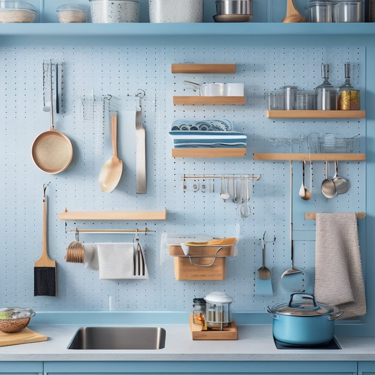 A tidy, modern kitchen with utensils organized in a compact space: a pegboard on the wall with hooks, a utensil organizer on the countertop, and a drawer divider with labeled slots.