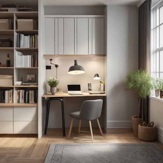 A clutter-free, small studio apartment with a Murphy bed, a compact desk, and a bookshelf built into the wall, surrounded by minimal yet functional decor.