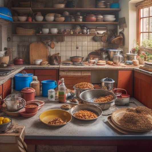 A cluttered kitchen with dirty dishes piled high, utensils scattered everywhere, and a messy island with open cookbooks and crumbs, surrounded by boxes and luggage in the background, with a faint outline of a doorway.