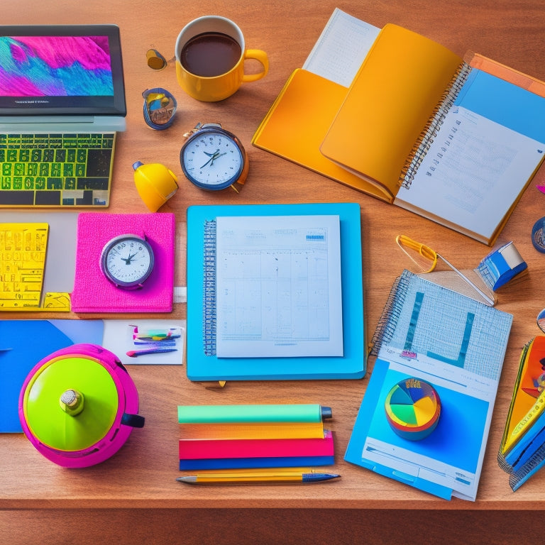 An illustration of a colorful, organized desk with a laptop, notebooks, and pens, surrounded by a subtle background of a calendar, clock, and subtle school supplies, conveying a sense of productivity and time management.